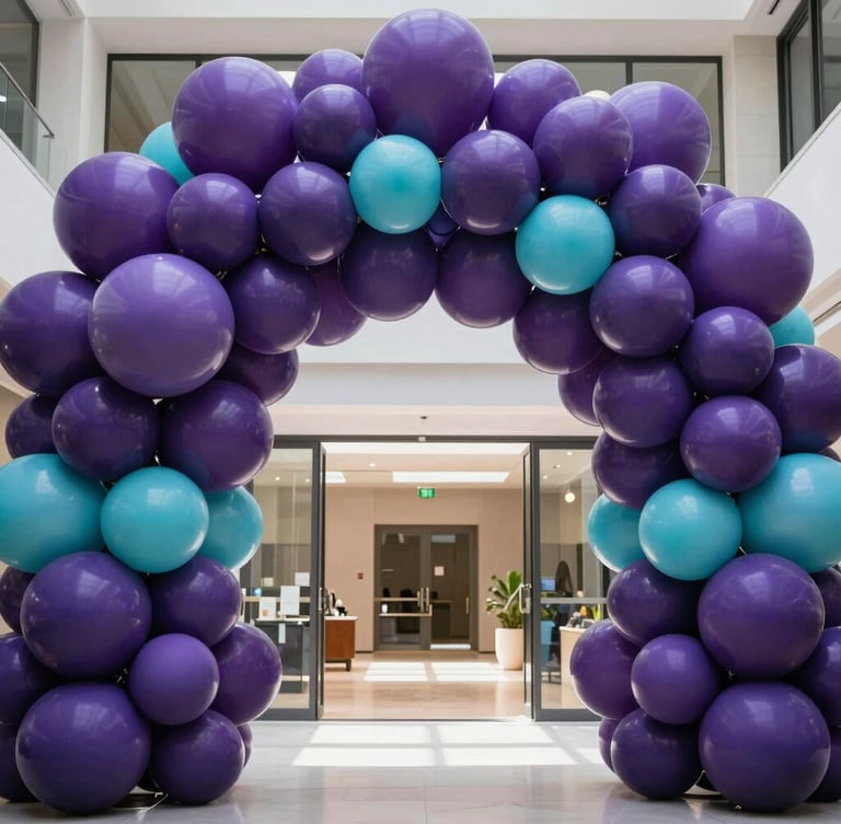 Wide vertical shot of a massive organic balloon installation in shades of deep purple and turquoise, framing a clean modern entryway with natural light, sharp focus