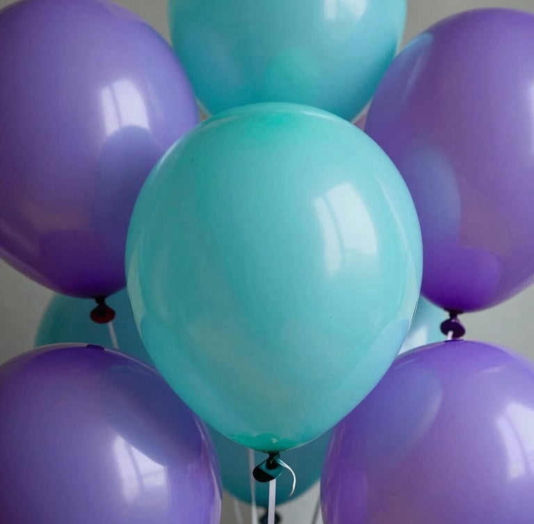 Macro shot of high-grade latex balloons showing rich matte textures and vibrant turquoise and purple colors under soft studio lighting.