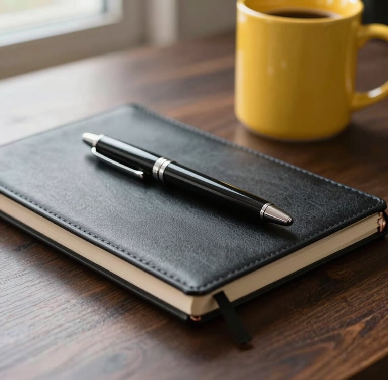 Extreme close-up of a clean dark wooden desk with a black notebook, a high-end pen, and a single bright yellow coffee mug under sharp window light.