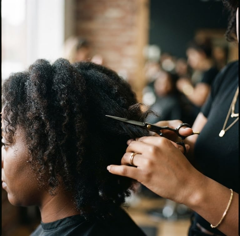 Editorial 35mm film photography of a sharp, clean scissor cut mid-action on dark textured hair, soft directional window light, muted black and gold tones, shallow depth of field.