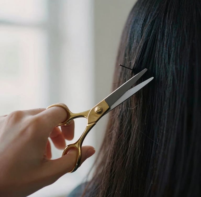 Extreme close-up of a stylist's hands using brass shears on dark hair, soft natural side lighting, shallow depth of field, minimalist aesthetic.