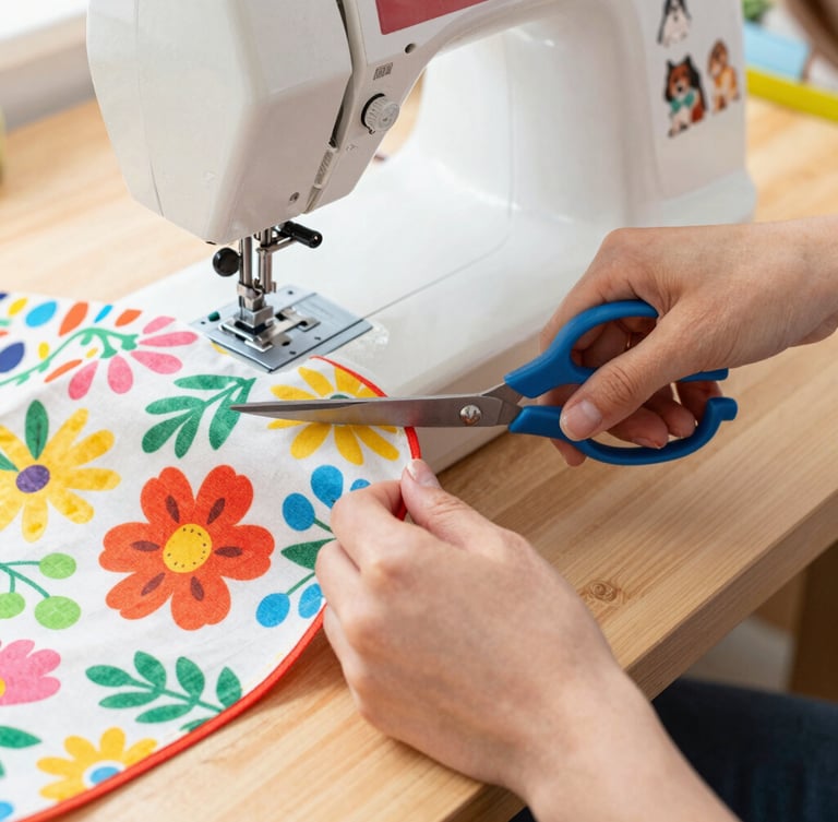 Close-up of hands carefully cutting colorful floral fabric with professional scissors on a wooden worktable, sewing machine and pet patterns visible.