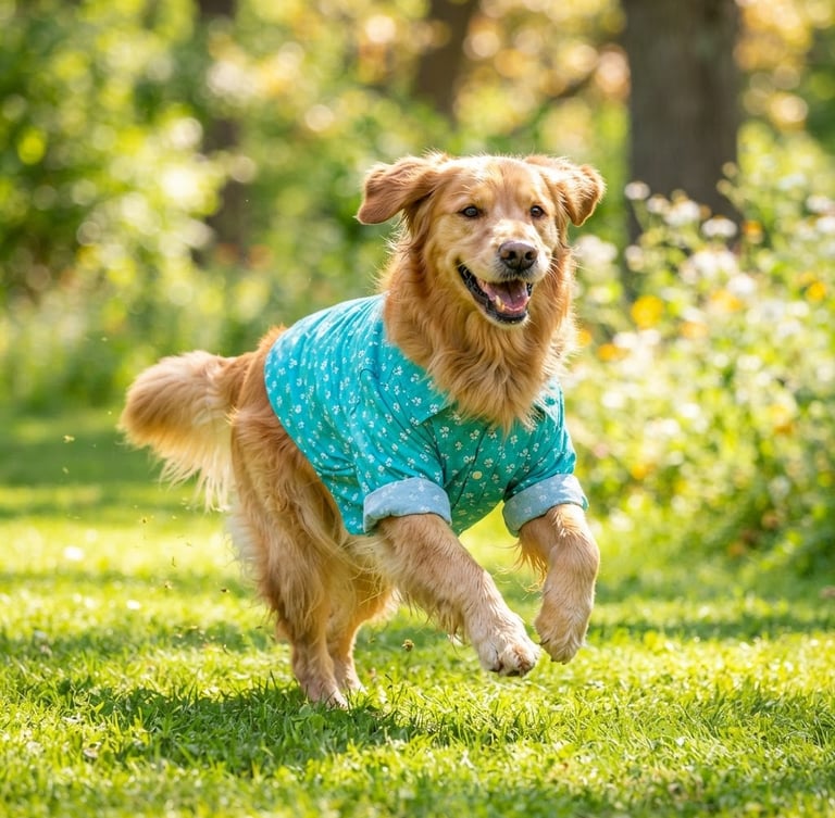 Vibrant lifestyle pet photography of a happy Golden Retriever running freely in a bright teal handmade cotton shirt on a sunny lawn, bright natural daylight, cheerful colorful tones, shallow depth of field, eye-level 50mm lens.