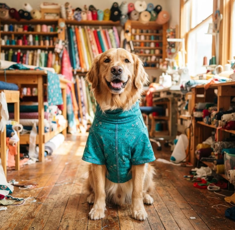 Eye-level shot of a happy Golden Retriever wearing a vibrant teal handmade shirt, sitting in a sunlit workshop with fabric rolls in the background.