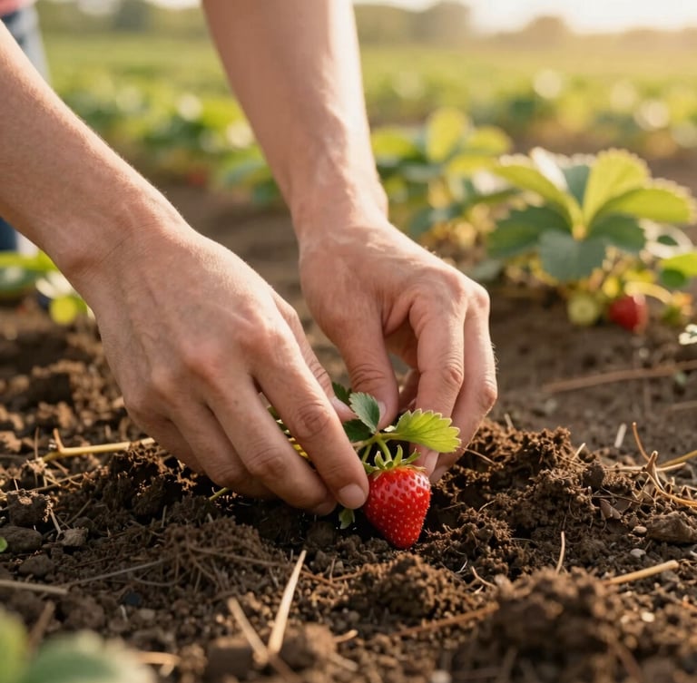 Close-up shot of hands planting a strawberry runner into rich dark soil, warm golden-hour sunlight, soft focus background of a green field