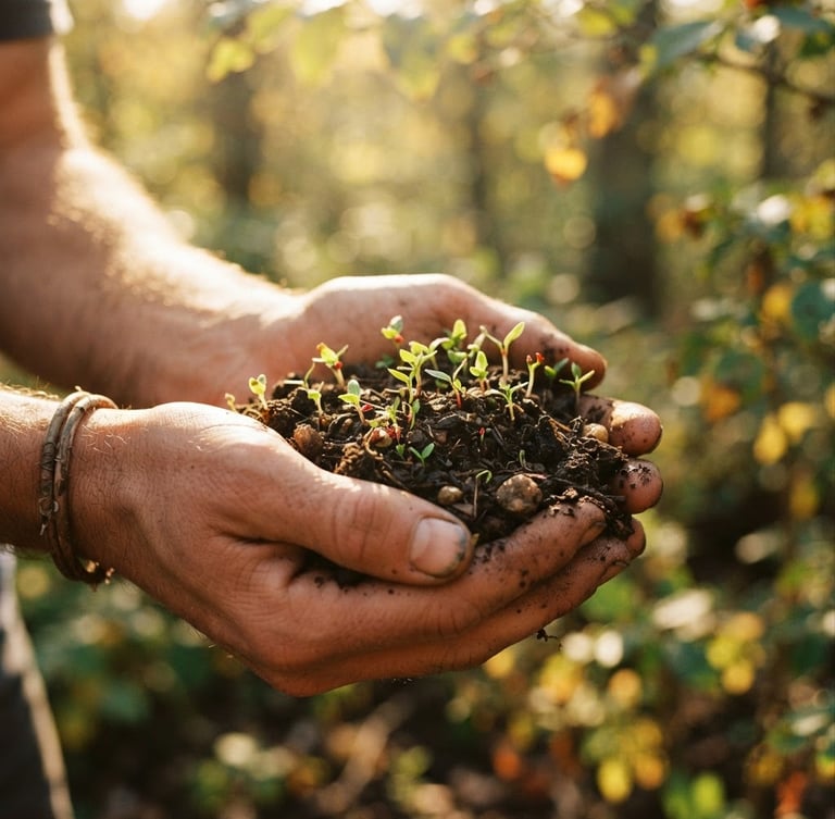 Medium-close shot of hands gently holding fresh soil with tiny green sprouts, warm golden-hour sunlight filtering through leaves, rich earthy tones, shallow depth of field
