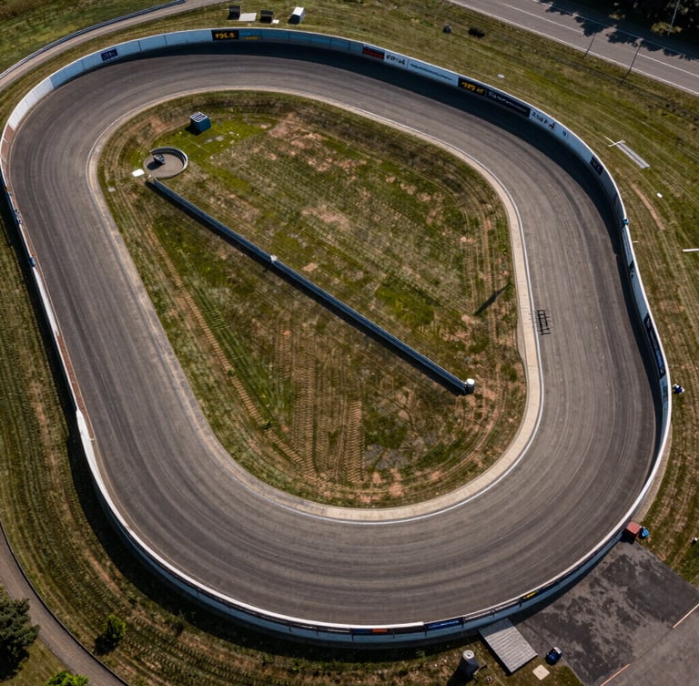 Dramatic top-down aerial of the Traction Motodrome track geometry, sharp corners and wide run-off zones visible under harsh sunlight.