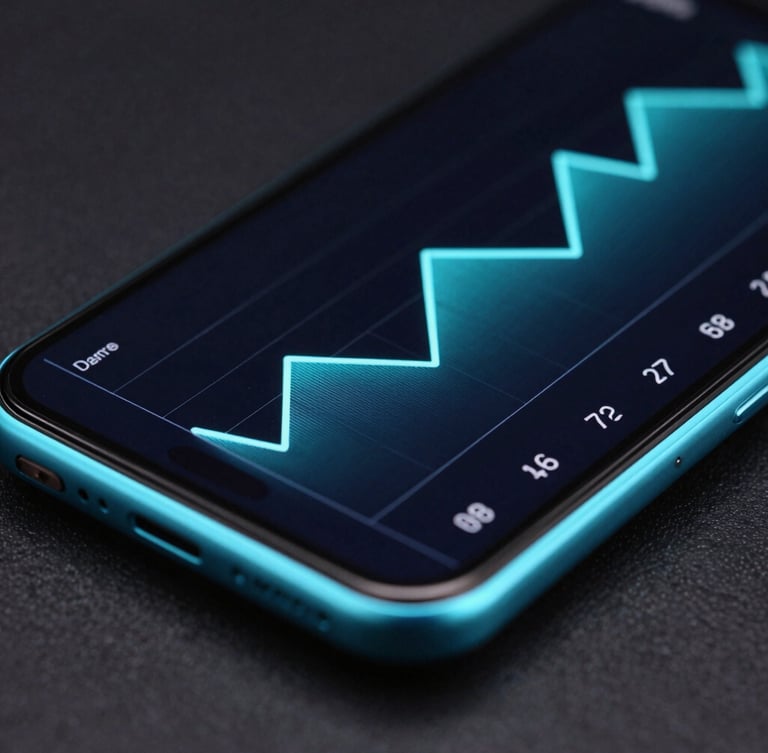 Sleek macro photography of a modern Android device screen showing a high-frequency performance graph, neon cyan rim lighting, dark studio setup