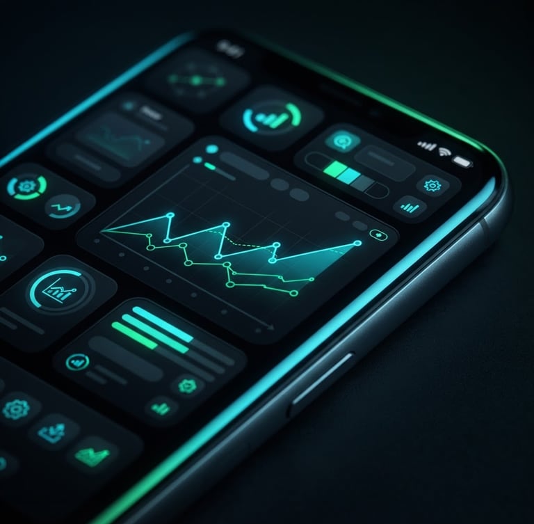 Sleek macro product photography of a modern Android phone screen displaying a dark-themed productivity interface, low-key dramatic studio lighting with cyan and green rim lights reflecting off the glass.