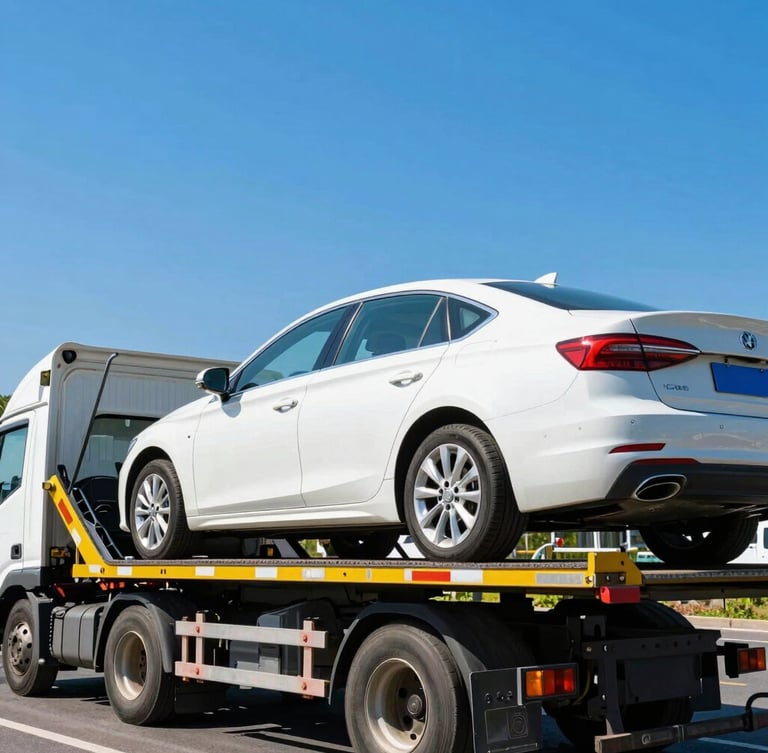 A professional car carrier truck being loaded with a clean modern sedan, bright daylight, realistic documentary style, vibrant colors
