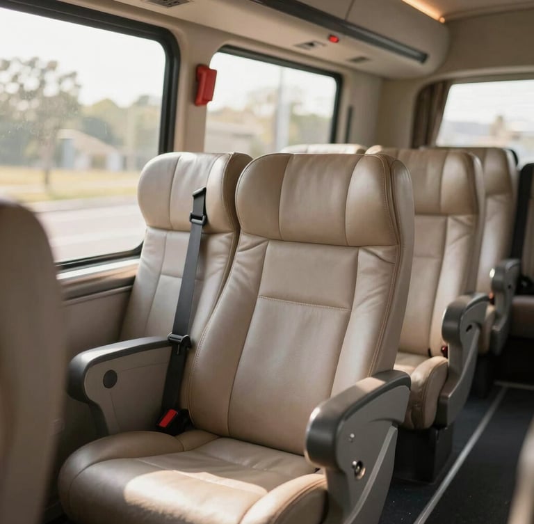 Modern luxury bus interior with spacious leather seats, warm morning sunlight filtering through the window, shallow depth of field, premium travel photography