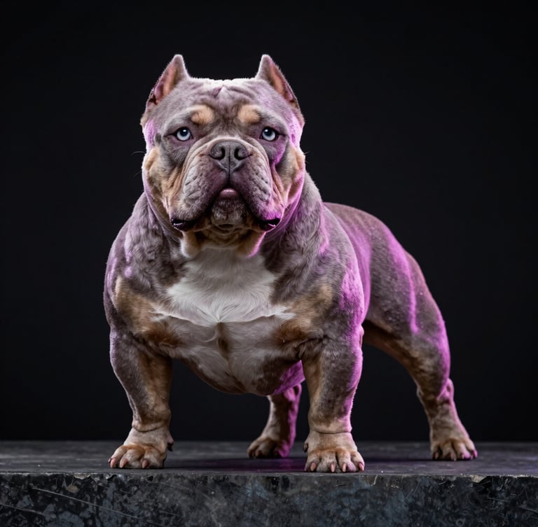 Low-angle high-contrast shot of a muscular lilac pocket American Bully standing proud on a dark concrete platform, dramatic neon orchid rim lighting, clean dark background.