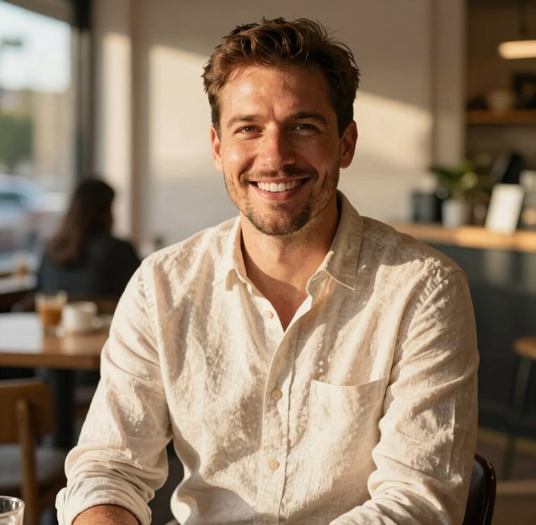 A warm, candid portrait of a friendly Australian mortgage broker in a smart-casual linen shirt, smiling, in a bright Adelaide cafe under natural golden hour sunlight