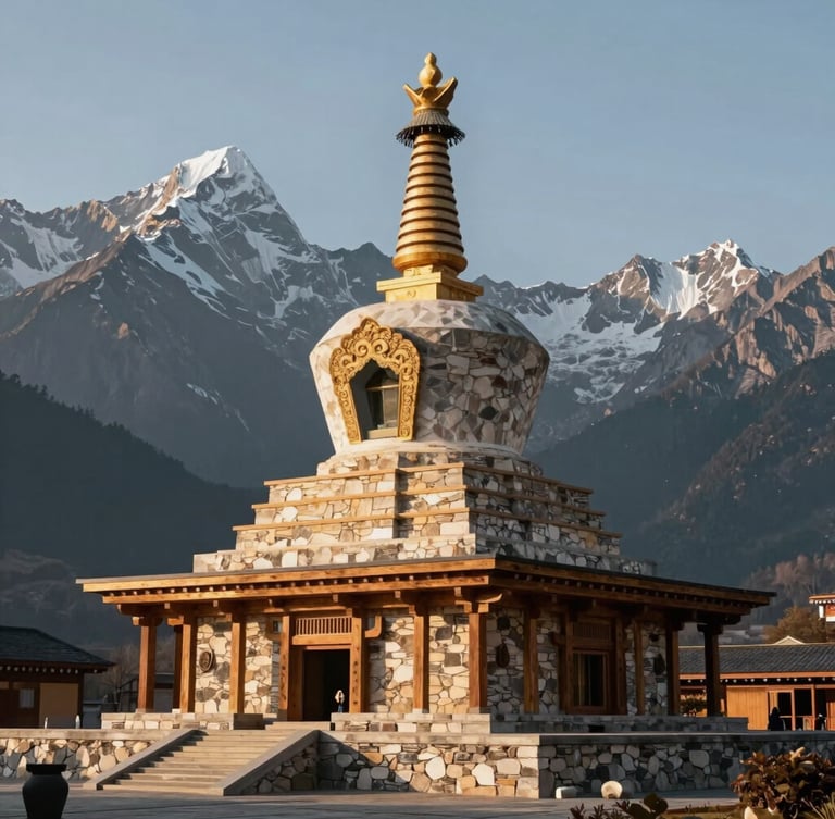 Architectural rendering of a modern Himalayan Buddhist stupa and cultural museum, stone and timber construction, dramatic mountain backdrop under golden hour light