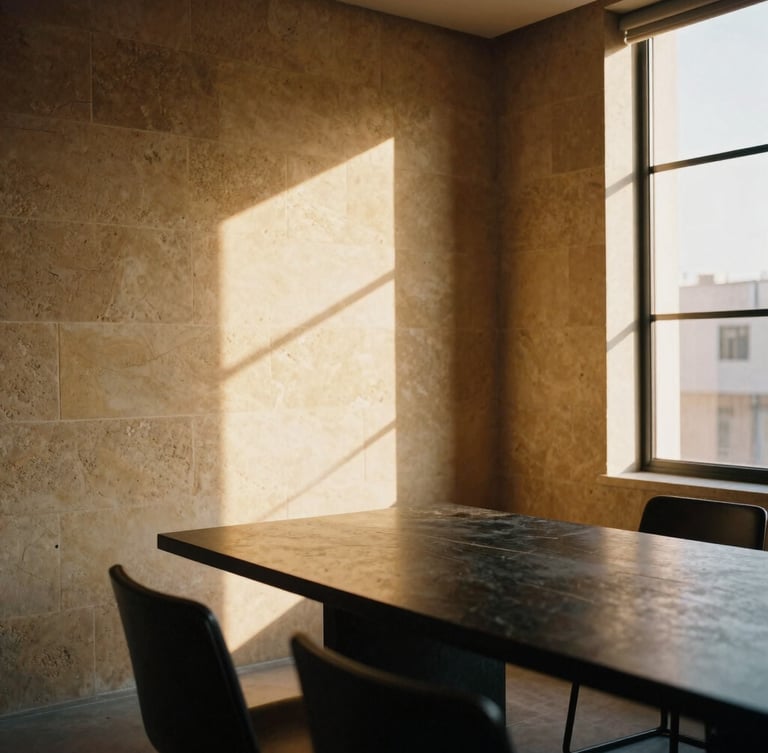A quiet, warm-toned private office meeting room in Mexico City, rich sandstone walls, minimalist obsidian table, soft golden-hour California sunlight streaming through a large window, medium format film.