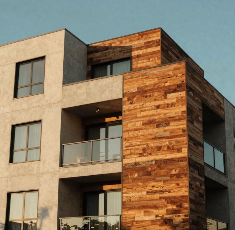Architectural detail of a modern California multi-family residential building, clean concrete and warm wood facade, captured in warm golden-hour sunlight, medium format film style.