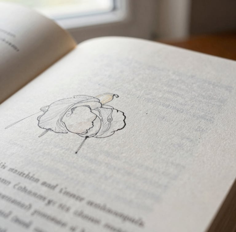 Macro close-up of a high-quality printed book page, showing rich textured paper grains and detailed watercolor ink strokes under soft morning window light