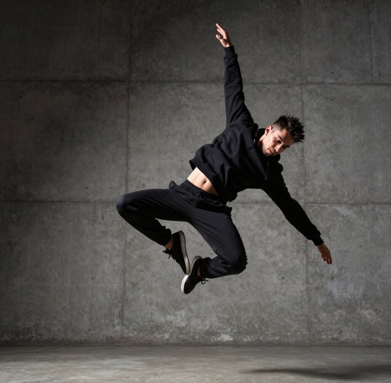 Dynamic low-angle shot of a street dancer frozen mid-air, high contrast lighting, concrete background, sharp focus on movement