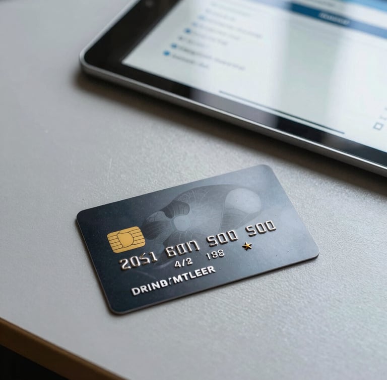 A crisp, high-contrast close-up of a sleek business credit card resting on a clean slate-gray desk next to a tablet displaying a positive Dun & Bradstreet credit score dashboard, bright natural daylight.