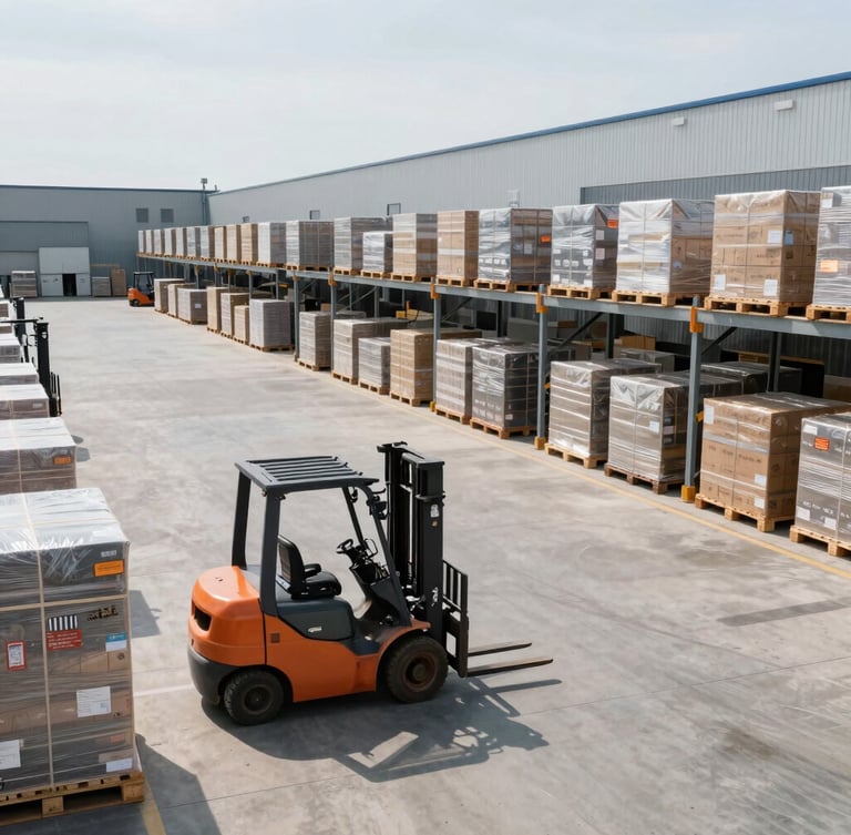 Wide environmental shot of a modern logistics warehouse, clean concrete floors, active forklifts moving palletized inventory under bright daylight.