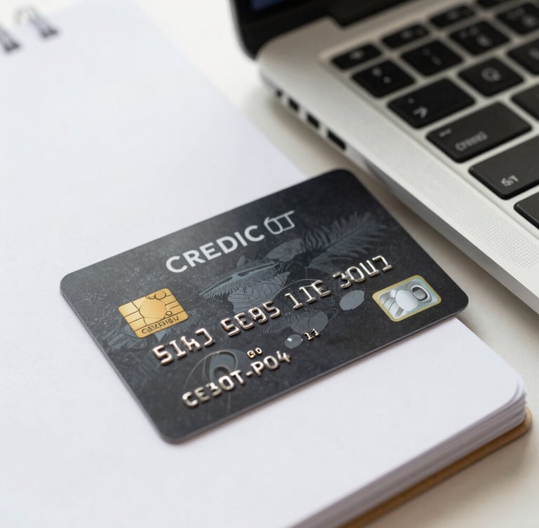 Close-up of a physical black corporate credit card resting on a clean slate surface next to a laptop, bright natural daylight