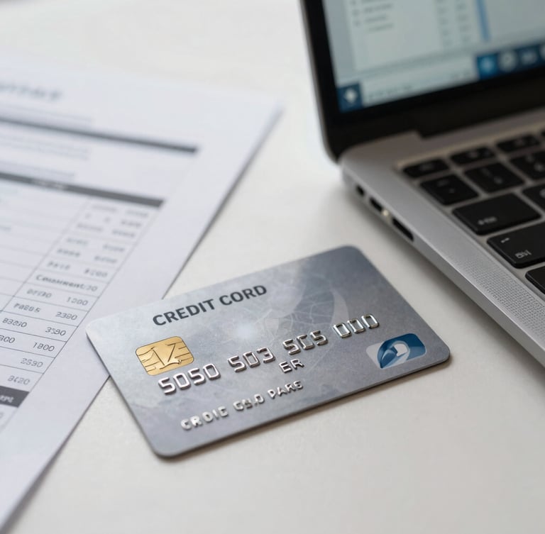 Tight macro shot of a physical metallic corporate credit card resting on a clean slate desk next to an open laptop showing credit bureau charts, bright natural lighting.