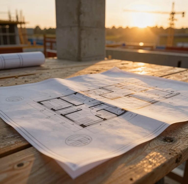 Close-up of architectural blueprints on a wooden table at a construction site, with a concrete pillar and golden sunset light in the background