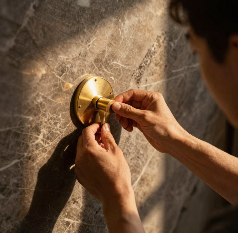 Close-up of hands-on craftsmanship, a master artisan adjusting a custom brass fixture on a dark marble wall, warm side light, premium focus.