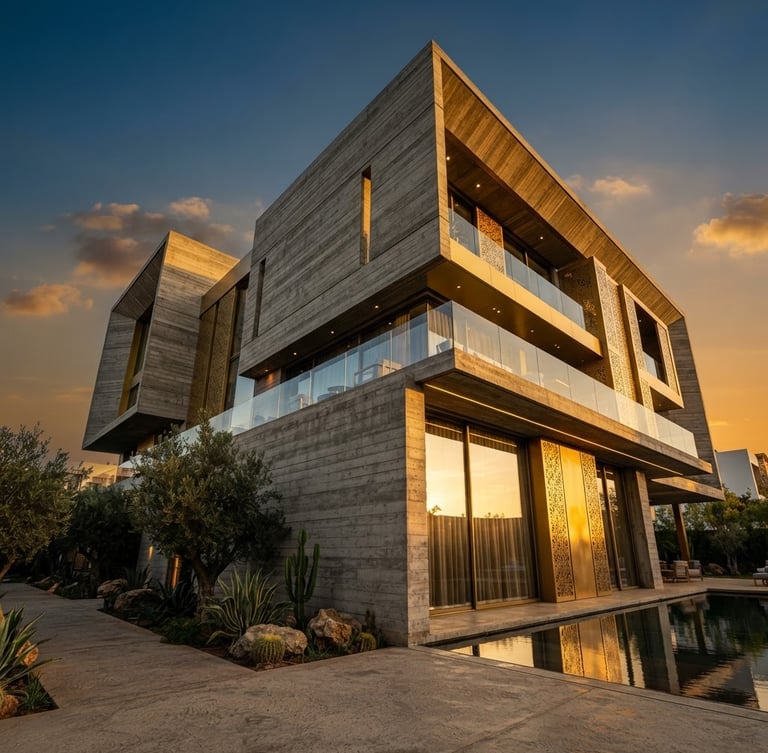 Architectural low-angle shot of a modern concrete villa structure under dramatic Casablanca golden hour sunlight, sharp clean lines, raw concrete texture juxtaposed with gold metal accents