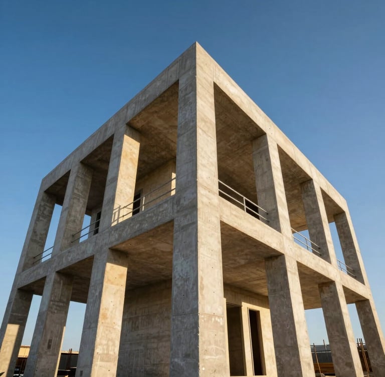 Low-angle architectural shot of a modern villa construction site in Casablanca, showcasing clean structural concrete columns under bright blue sky, sharp focus