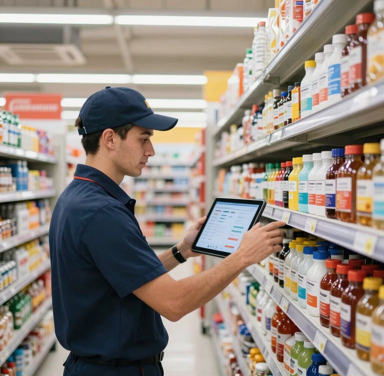 Professional field promoter in branded uniform organizing products on a supermarket shelf, medium shot, bright supermarket lighting, clean vibrant colors, sharp focus, tablet showing a trade marketing dashboard in the background, first-person perspective of retail execution.