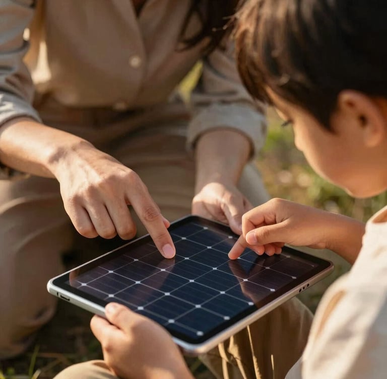 Close-up of hands-on collaboration, a teacher and a young student working together on a solar-powered digital tablet, warm natural light.