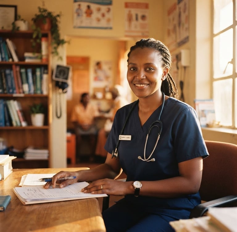 A warm environmental portrait of a local female nurse in clean clinical attire, smiling softly in a naturally lit community clinic, golden-hour light streaming through a window.
