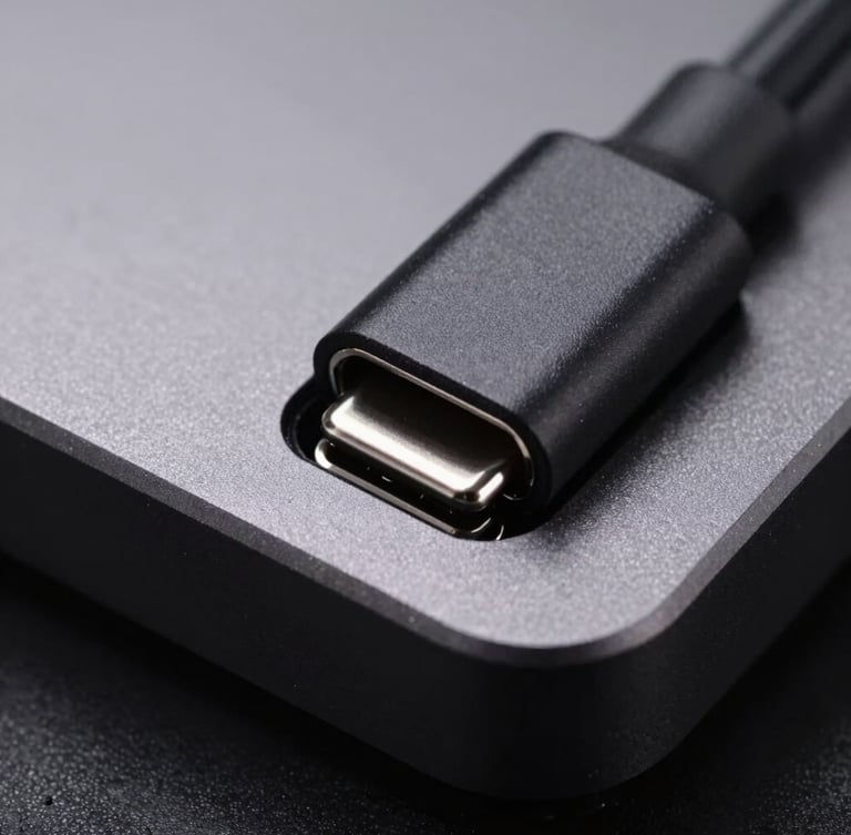 Extreme macro shot of a single matte-black USB-C port on an anodized aluminum enclosure, hard directional studio key light casting deep shadows, sharp focus on silver internal contacts