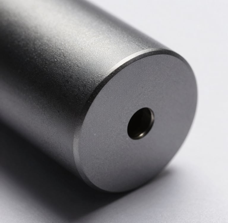 Extreme macro close-up of a matte charcoal anodized aluminum charger enclosure, sharp technical lines, hard directional studio key light casting deep shadows