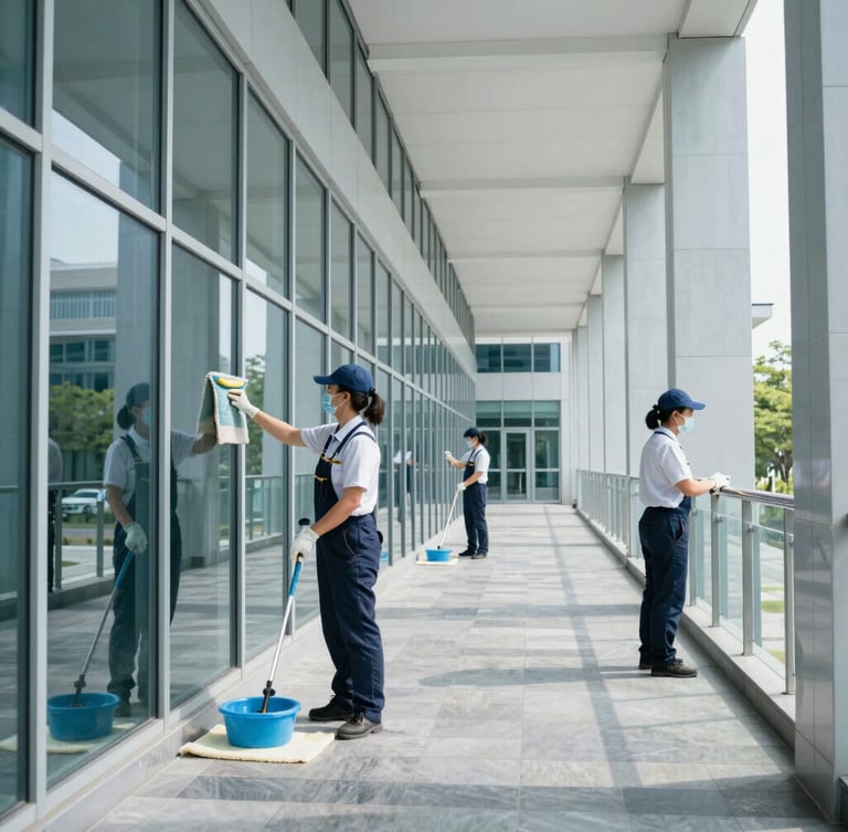 Mid-shot of professional cleaning staff in uniform, meticulously cleaning a glass corridor in a modern government building, bright natural daylight, cool blue and slate tones, sharp focus, architectural depth, with a sense of motion.