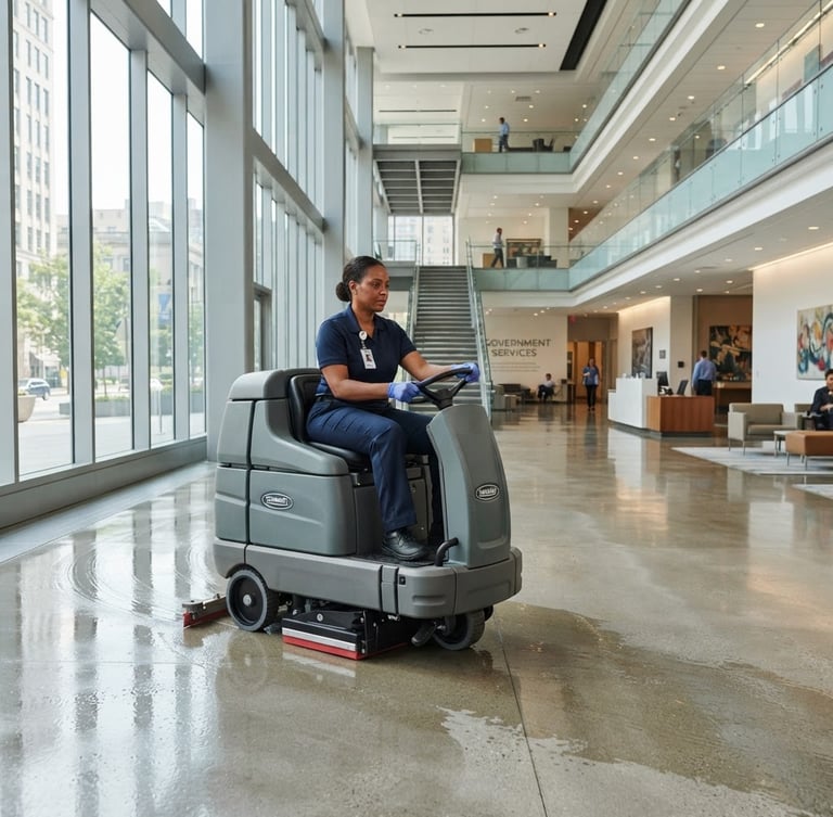 Professional cleaning staff member in a neat navy blue uniform operating a modern floor scrubber in a bright, spacious government office lobby, natural daylight, sharp focus, architectural depth