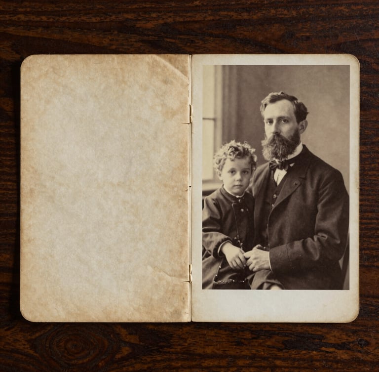 A split-screen macro shot of an antique physical photograph resting on a dark oak library table. The left half is severely creased, faded, and water-stained; the right half is crisply restored, showing a sharp, high-contrast portrait of an early 20th-century family under warm, soft window light.