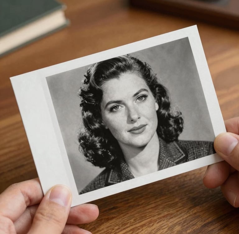 A close-up of a hand holding a physical, heavily creased 1940s black-and-white portrait over a warm wooden desk. Half of the photo is meticulously restored to crisp detail, under soft library lighting.