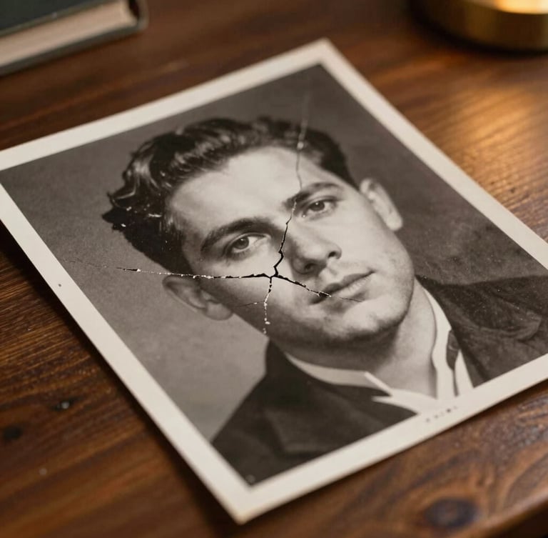 Tight close-up of a damaged 1920s black and white portrait photo, severe crack running through the center, resting on a dark wooden desk under warm library light.