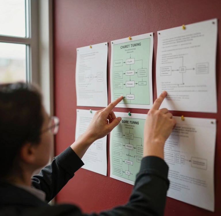 Over-the-shoulder workshop perspective, hands pointing to physical process mapping cards on a wall, natural window side-light, rich crimson and muted green tones, 35mm