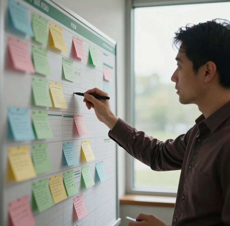 Focused operations director analyzing a workflow board with notes, natural overcast window light, muted green accents, sharp focus, 35mm