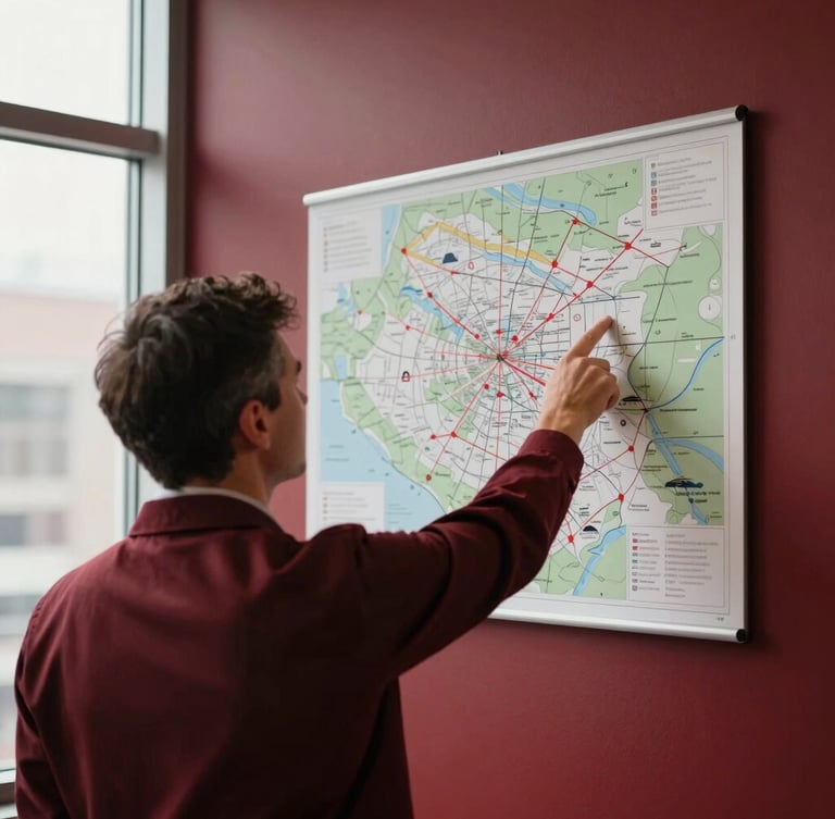 Over-the-shoulder view of an executive pointing at a physical logistics map on a wall, soft natural side-light from a window, rich crimson tones, sharp focus, 35mm