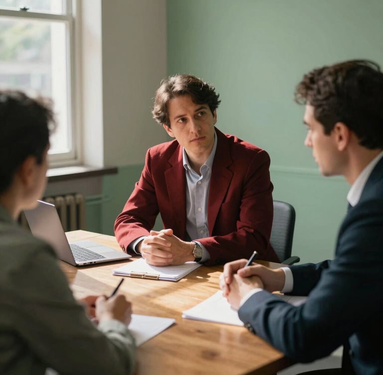 Focused executives conducting an operational review around a wooden table, natural window light casting soft shadows, muted green accents, candid editorial style, 35mm.