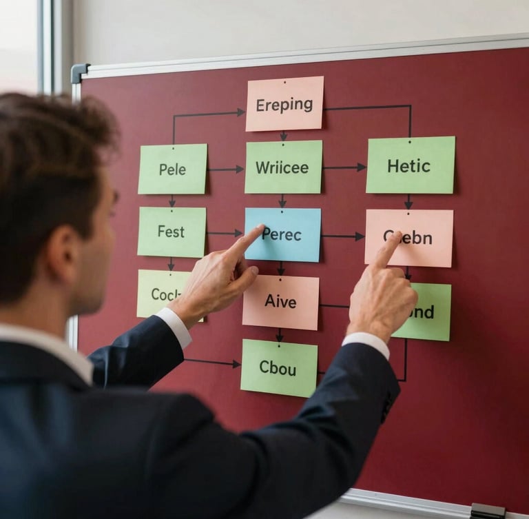 An over-the-shoulder perspective of an executive workshop, hands pointing to a structured process map on a physical board, natural side-light, rich crimson tones, sharp focus, 35mm.