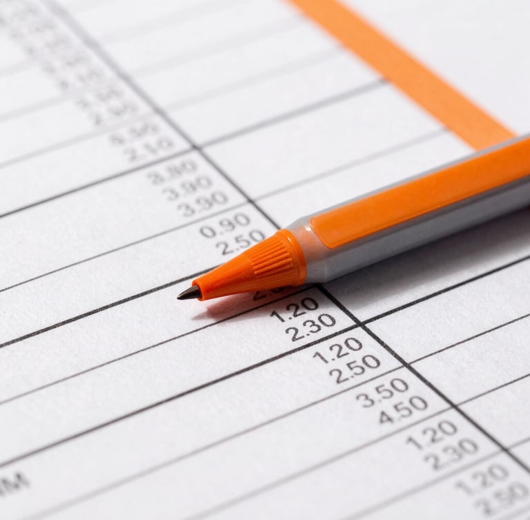 Macro crop of a printed financial spreadsheet with sharp directional shadows, stark black ink on crisp white paper, orange marker highlights, editorial studio photography, 35mm