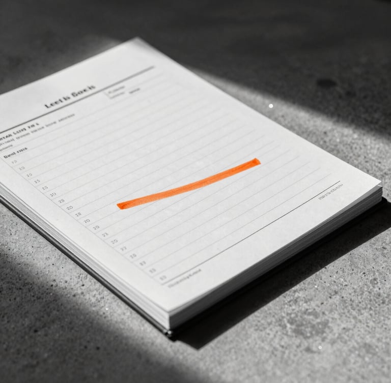 Macro 35mm editorial studio photography of printed financial ledgers on a minimalist concrete workspace, sharp directional shadows, high-contrast stark monochrome with a single orange ink accent mark.