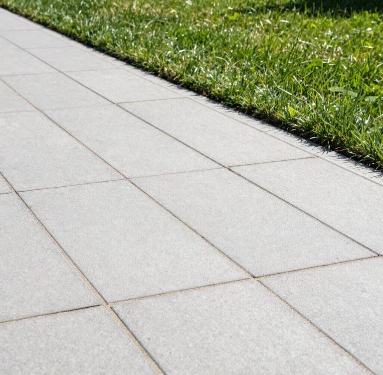 A crisp, level paver walkway with tight, clean sand joints, bordered by freshly cut green lawn under bright midday sun, showing clean straight edges.