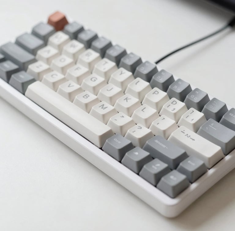 Close-up of a clean minimalist desk setup with a mechanical keyboard and natural light, 35mm lens