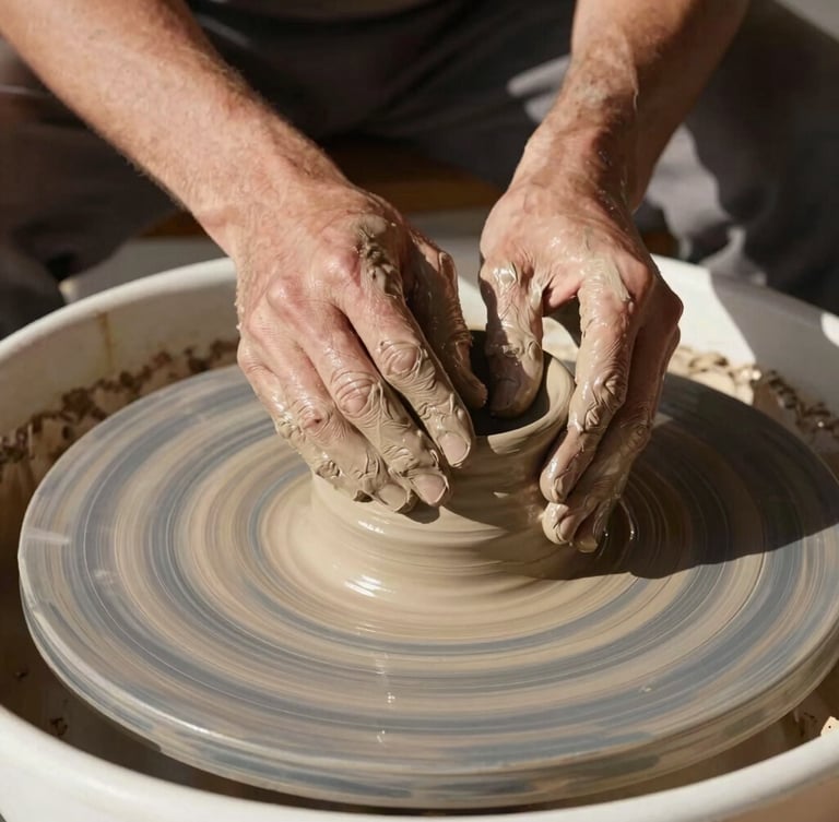 A close-up portrait of hands shaping wet terracotta clay on a potter wheel, harsh desert sunlight casting long shadows across the deeply textured surface.